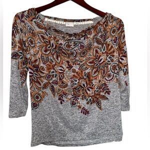 Anthropologie 9-h15 Stcl Womens Gray 3/4 Sleeve Floral Pullover